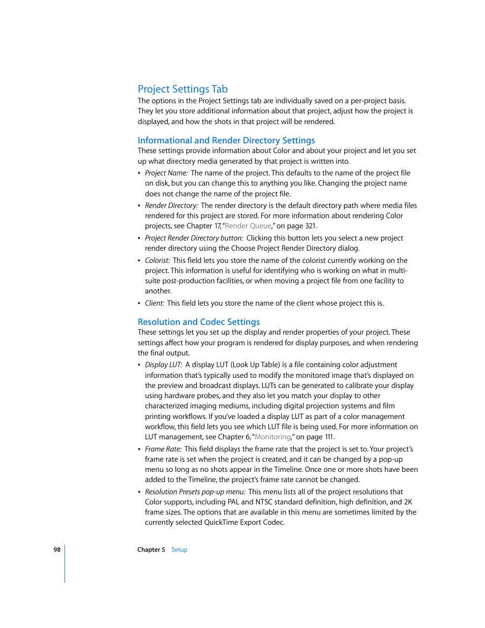 Project settings tab, Informational and render directory settings, Resolution and codec settings | P. 98) | Apple Color 1.0 User Manual | Page 98 / 364