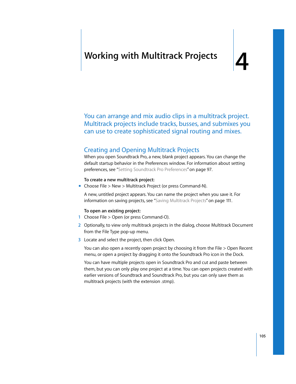 Working with multitrackprojects, Creating and opening multitrack projects, Chapter 4 | Working with multitrack projects | Apple Soundtrack Pro 2 User Manual | Page 105 / 566