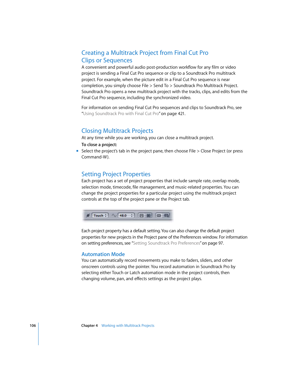 Closing multitrack projects, Setting project properties, Automation mode | Apple Soundtrack Pro 2 User Manual | Page 106 / 566
