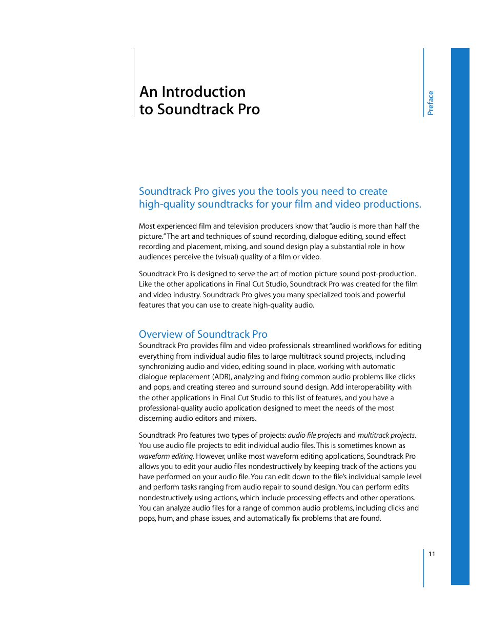 An introduction tosoundtrackpro, Overview of soundtrackpro, Preface | An introduction to soundtrack pro, Overview of soundtrack pro | Apple Soundtrack Pro 2 User Manual | Page 11 / 566