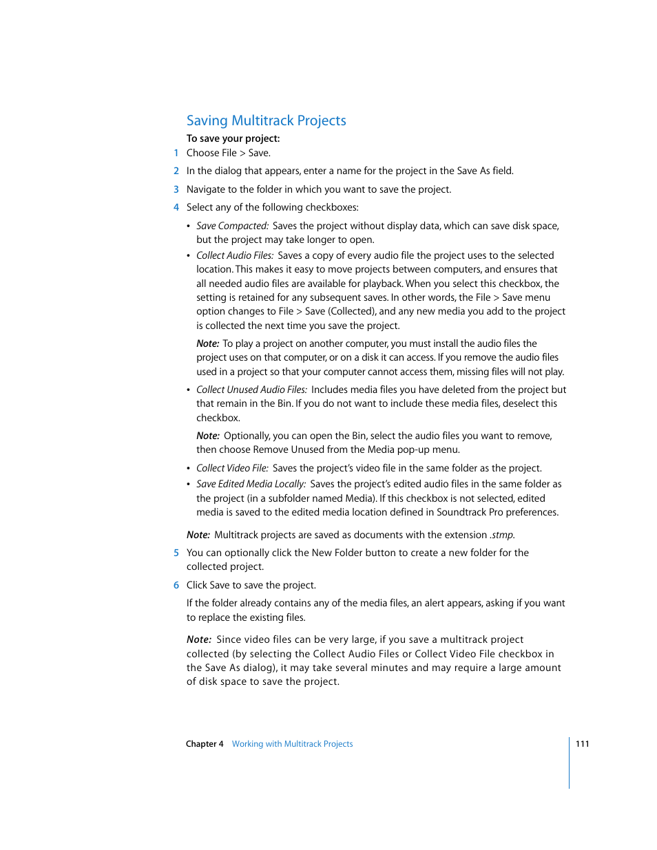 Saving multitrack projects | Apple Soundtrack Pro 2 User Manual | Page 111 / 566