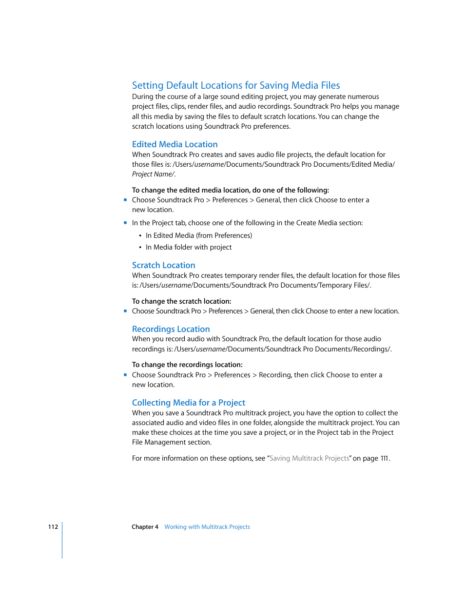 Setting default locations for saving media files, Edited media location, Scratch location | Recordings location, Collecting media for a project | Apple Soundtrack Pro 2 User Manual | Page 112 / 566