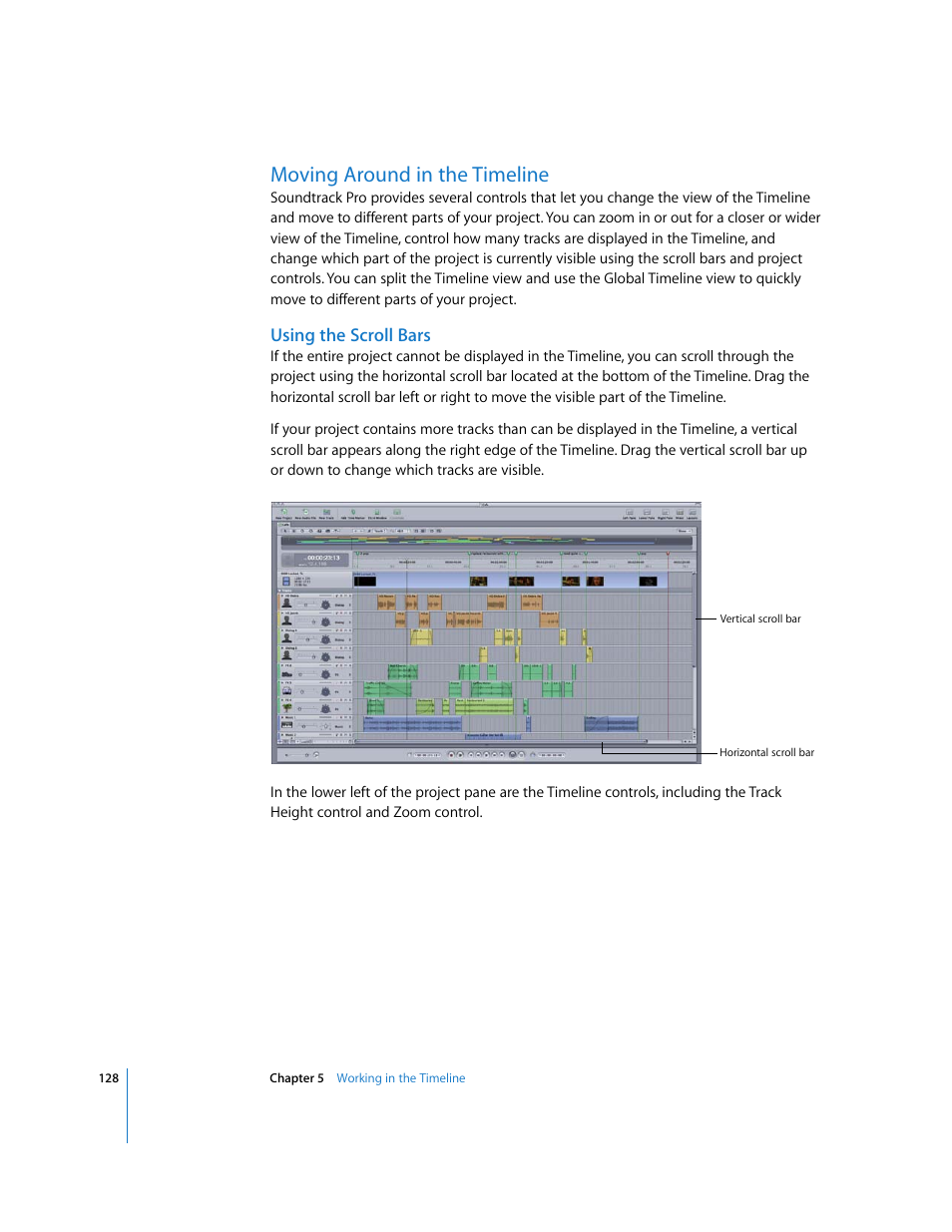 Moving around in the timeline, Using the scroll bars, Moving | Around in the timeline | Apple Soundtrack Pro 2 User Manual | Page 128 / 566