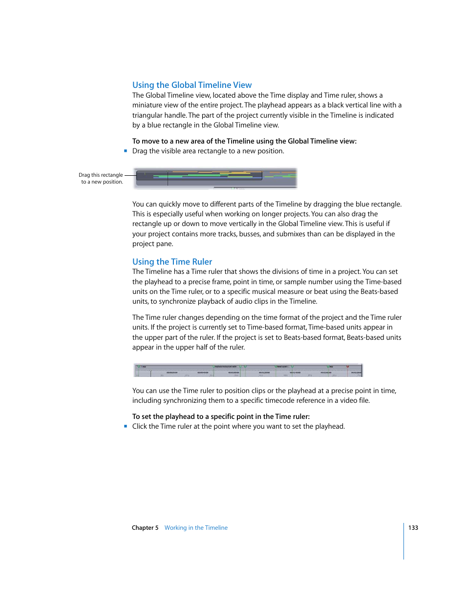 Using the global timeline view, Using the time ruler | Apple Soundtrack Pro 2 User Manual | Page 133 / 566