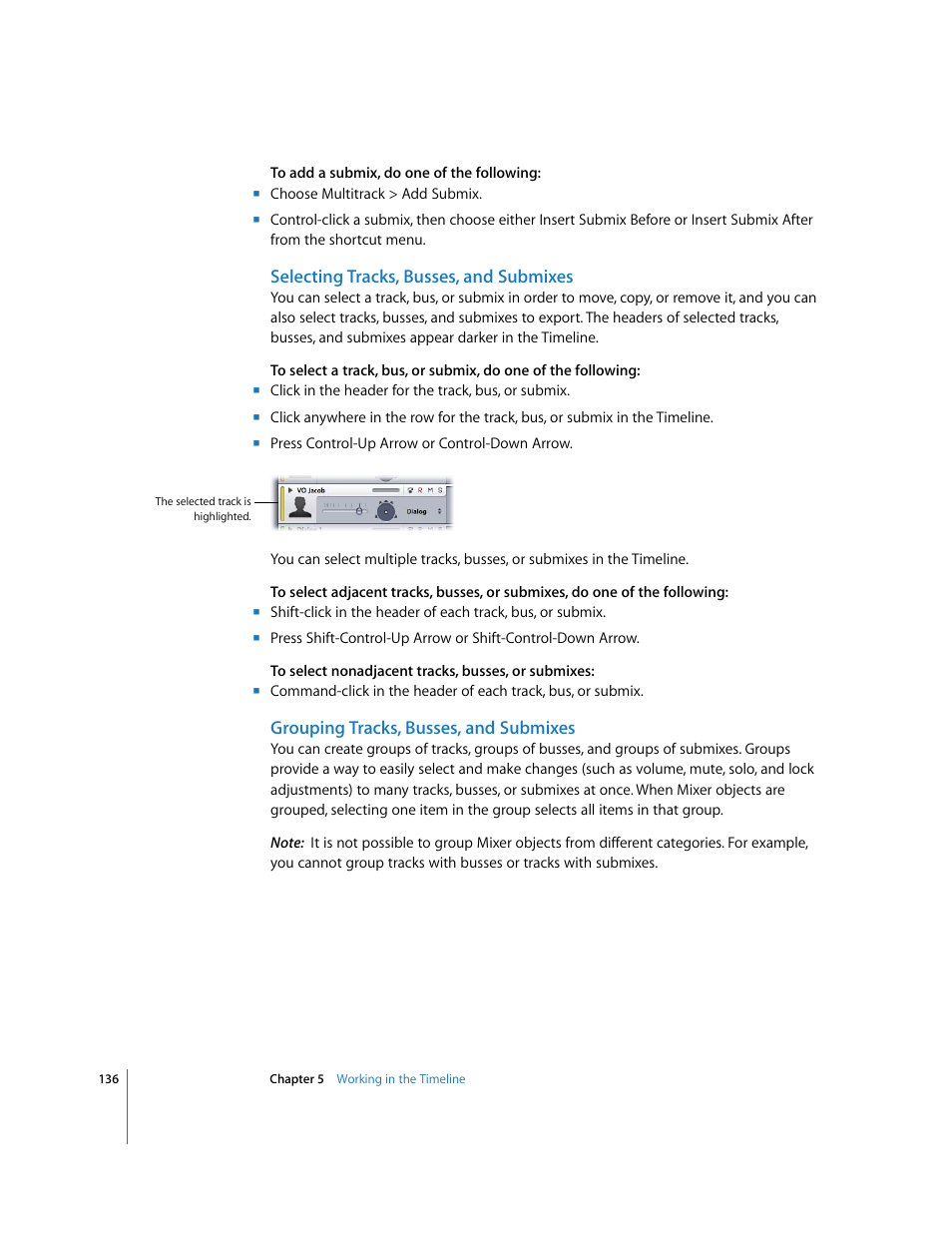 Selecting tracks, busses, and submixes, Grouping tracks, busses, and submixes | Apple Soundtrack Pro 2 User Manual | Page 136 / 566