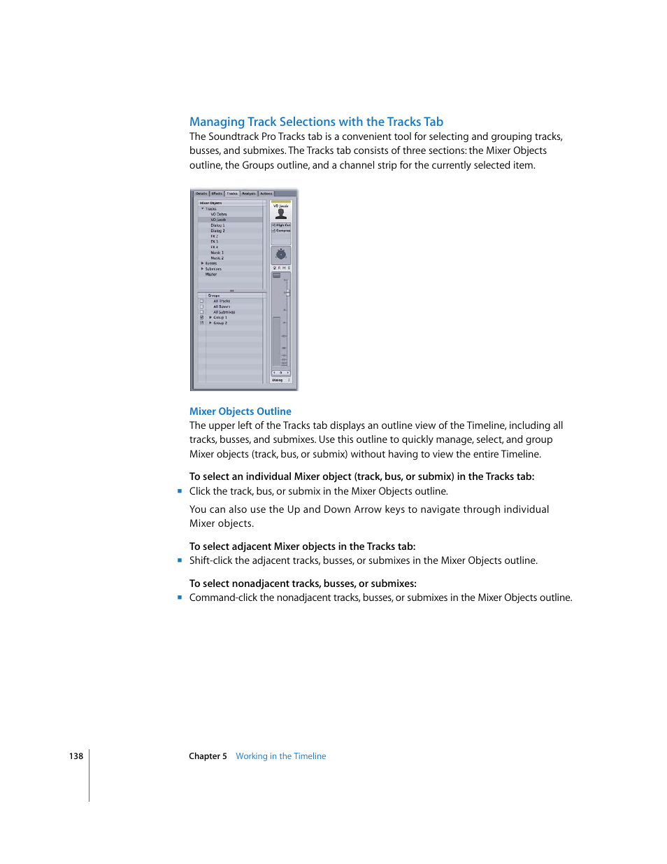 Managing track selections with the tracks tab | Apple Soundtrack Pro 2 User Manual | Page 138 / 566