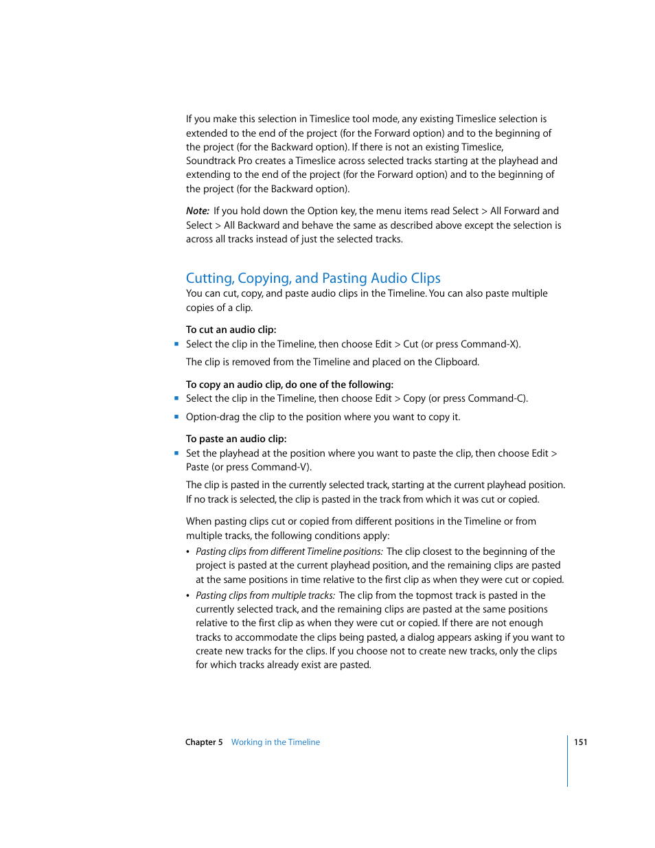 Cutting, copying, and pasting audio clips | Apple Soundtrack Pro 2 User Manual | Page 151 / 566