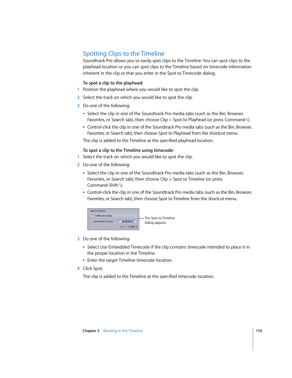 Spotting clips to the timeline | Apple Soundtrack Pro 2 User Manual | Page 153 / 566
