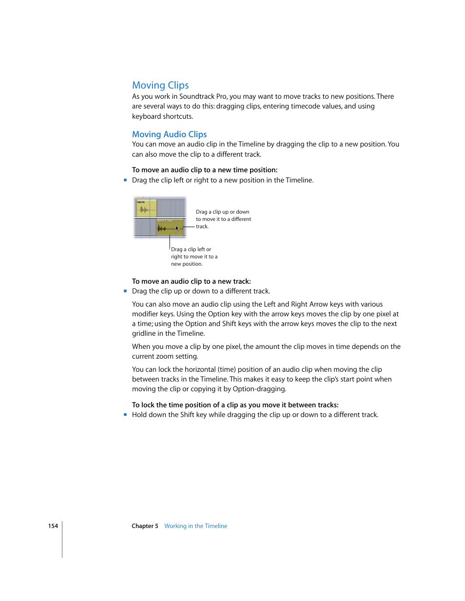 Moving clips, Moving audio clips | Apple Soundtrack Pro 2 User Manual | Page 154 / 566