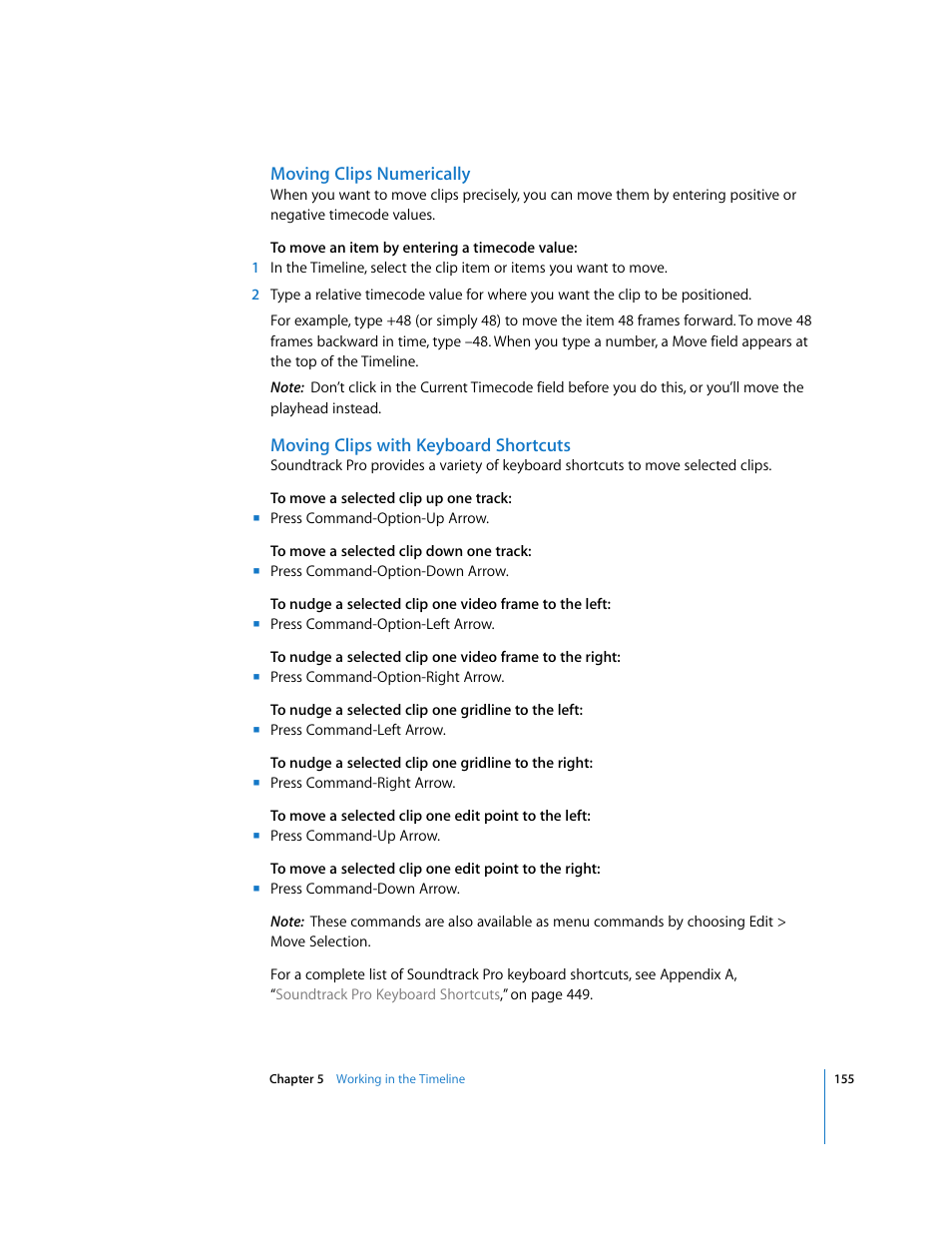 Moving clips numerically, Moving clips with keyboard shortcuts | Apple Soundtrack Pro 2 User Manual | Page 155 / 566