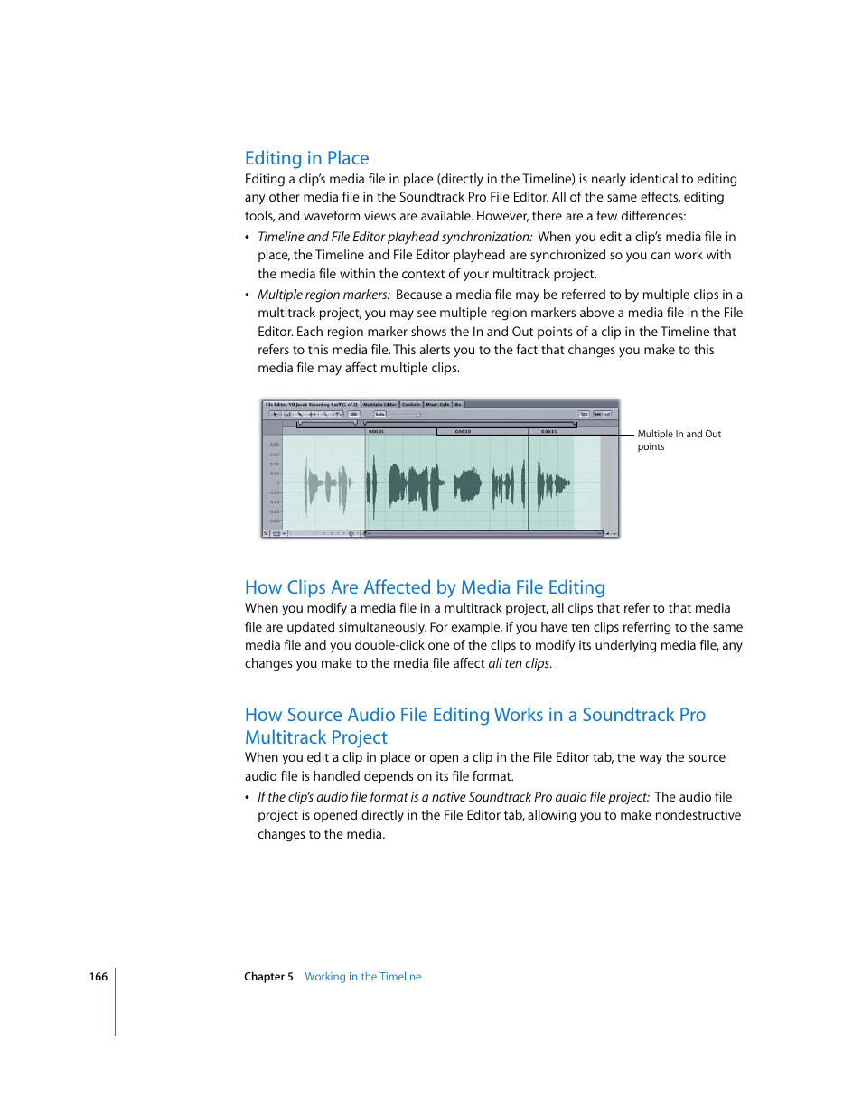 Editing in place, How clips are affected by media file editing, How source audio file | Apple Soundtrack Pro 2 User Manual | Page 166 / 566