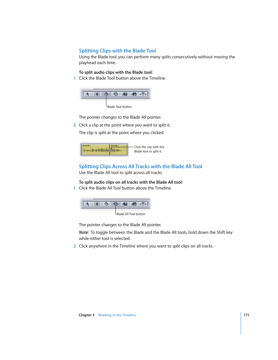 Splitting clips with the blade tool | Apple Soundtrack Pro 2 User Manual | Page 171 / 566