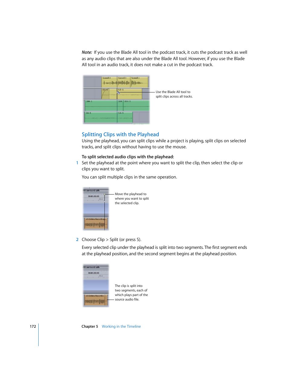 Splitting clips with the playhead | Apple Soundtrack Pro 2 User Manual | Page 172 / 566