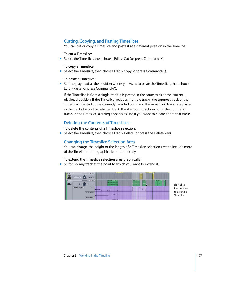 Cutting, copying, and pasting timeslices, Deleting the contents of timeslices, Changing the timeslice selection area | Apple Soundtrack Pro 2 User Manual | Page 177 / 566