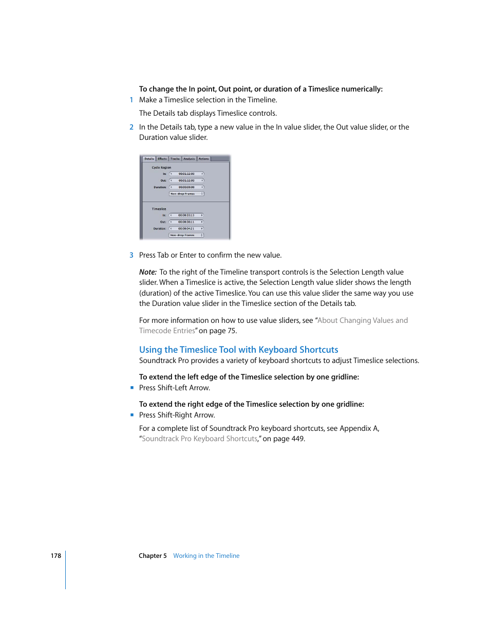 Using the timeslice tool with keyboard shortcuts | Apple Soundtrack Pro 2 User Manual | Page 178 / 566