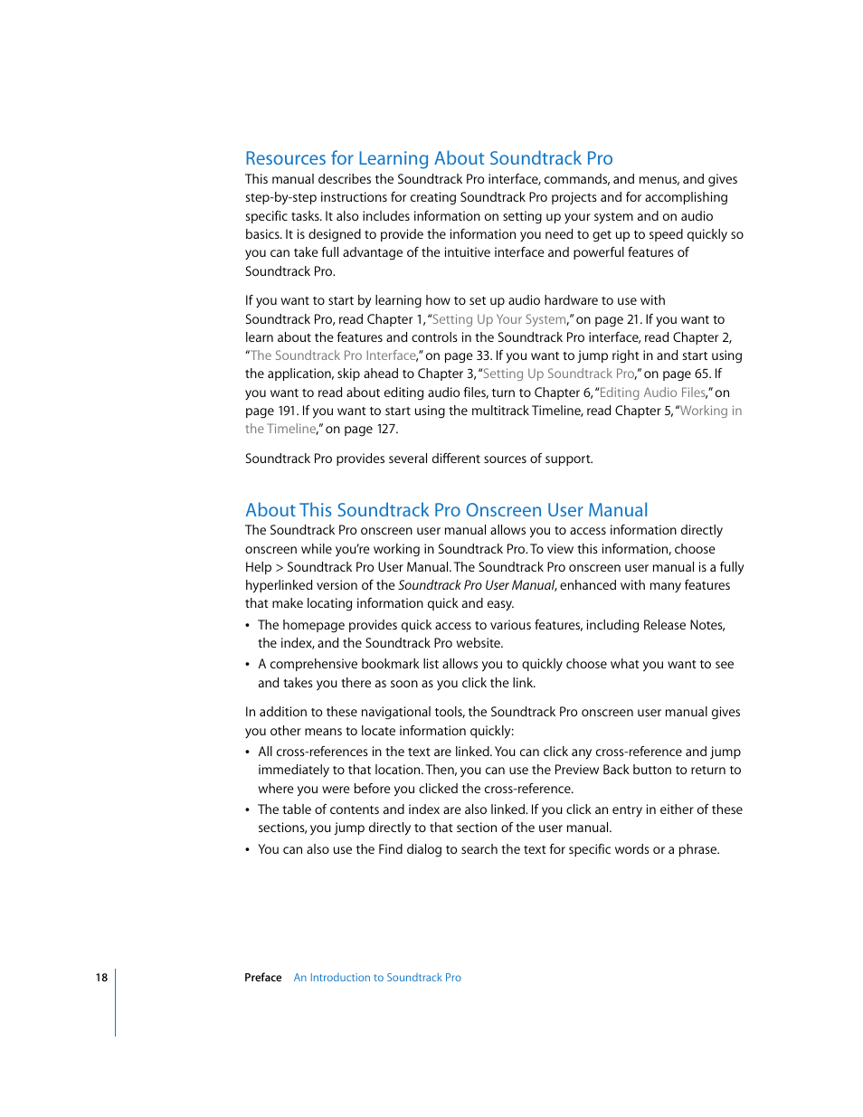 Resources for learning about soundtrackpro, About this soundtrackpro onscreen user manual, Resources for learning about soundtrack pro | About this soundtrack pro onscreen user manual | Apple Soundtrack Pro 2 User Manual | Page 18 / 566