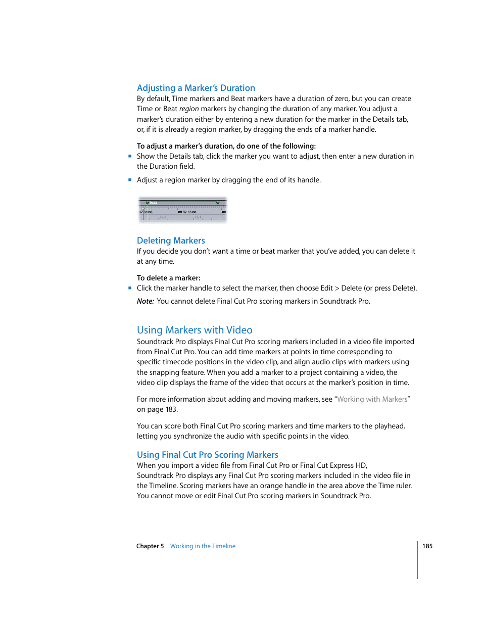 Adjusting a marker’s duration, Deleting markers, Using markers with video | Using finalcutpro scoring markers, Using, Final cut pro scoring markers | Apple Soundtrack Pro 2 User Manual | Page 185 / 566