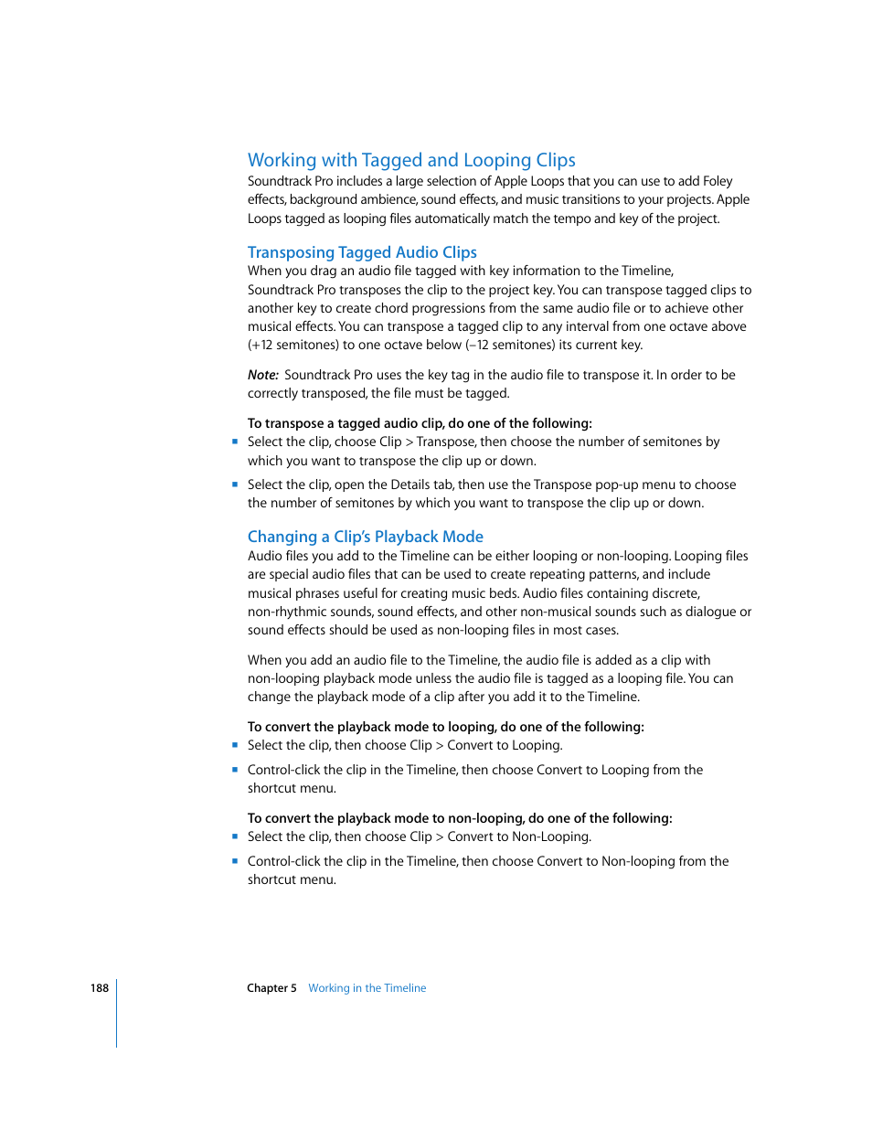 Working with tagged and looping clips, Transposing tagged audio clips, Changing a clip’s playback mode | Apple Soundtrack Pro 2 User Manual | Page 188 / 566