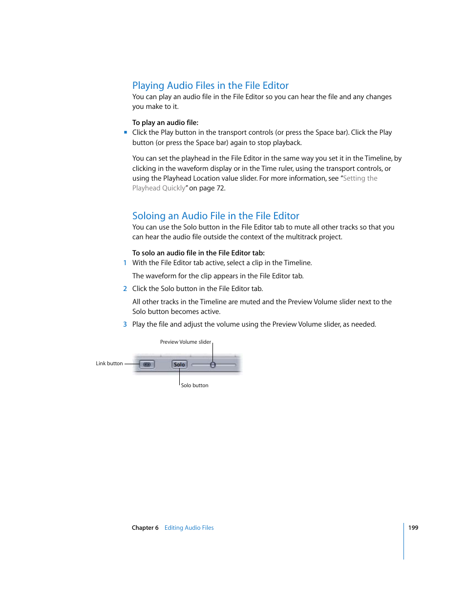Playing audio files in the file editor, Soloing an audio file in the file editor | Apple Soundtrack Pro 2 User Manual | Page 199 / 566