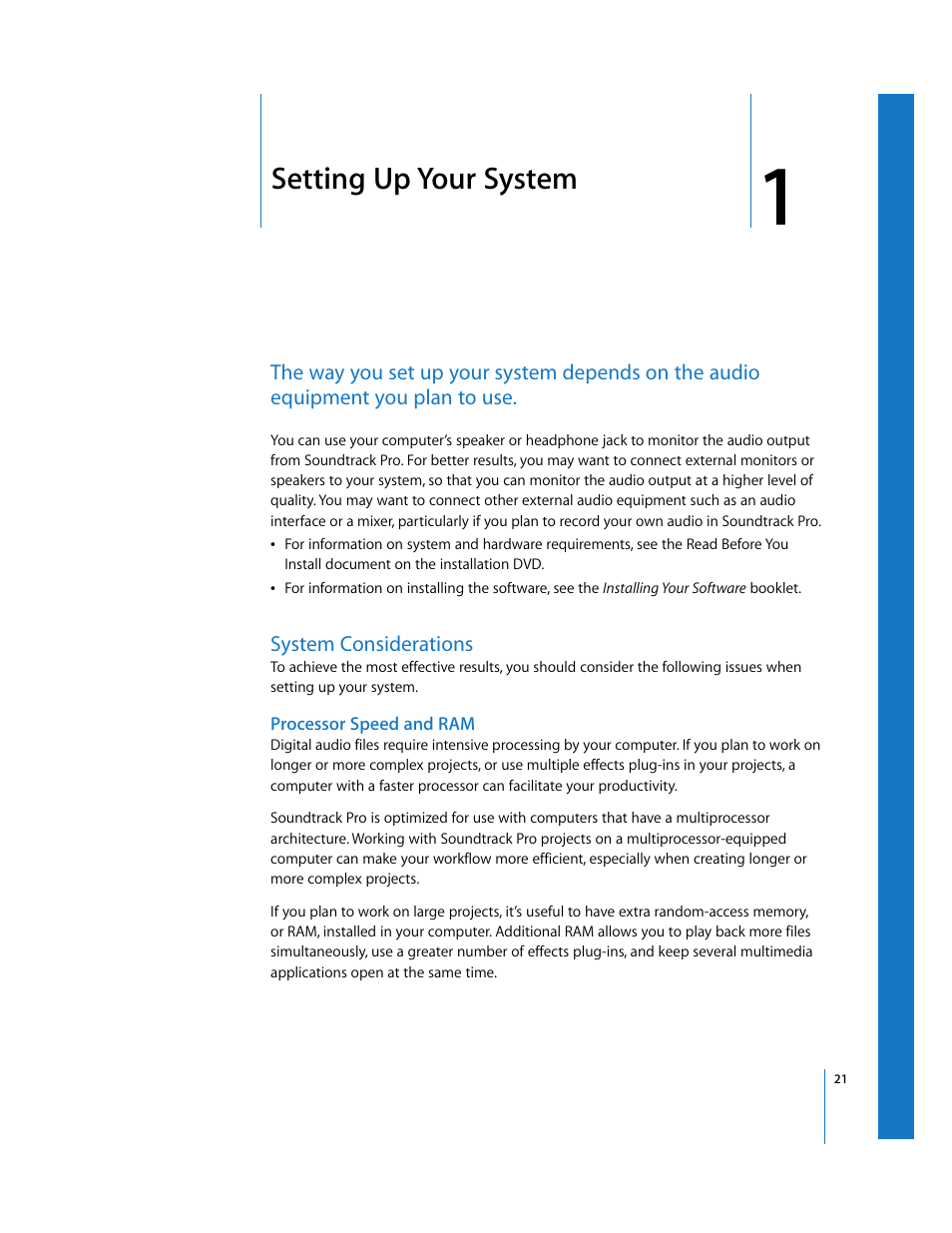 Setting up your system, System considerations, Processor speed and ram | Chapter 1, Ead chapter 1 | Apple Soundtrack Pro 2 User Manual | Page 21 / 566