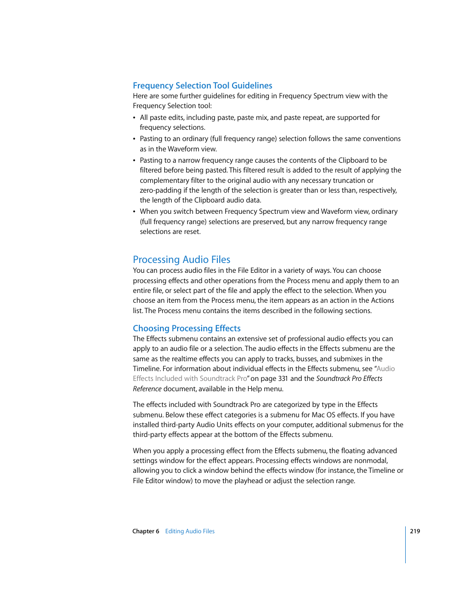 Frequency selection tool guidelines, Processing audio files, Choosing processing effects | Apple Soundtrack Pro 2 User Manual | Page 219 / 566