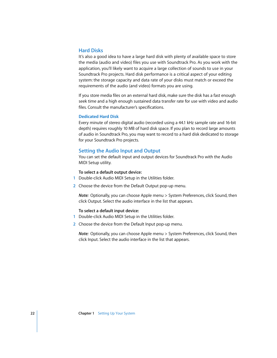 Hard disks, Setting the audio input and output | Apple Soundtrack Pro 2 User Manual | Page 22 / 566