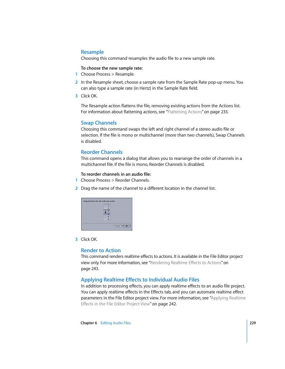 Resample, Swap channels, Reorder channels | Render to action | Apple Soundtrack Pro 2 User Manual | Page 229 / 566