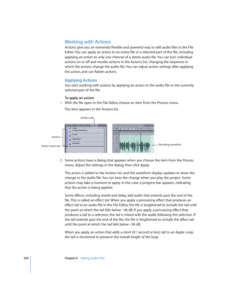 Working with actions, Applying actions | Apple Soundtrack Pro 2 User Manual | Page 230 / 566