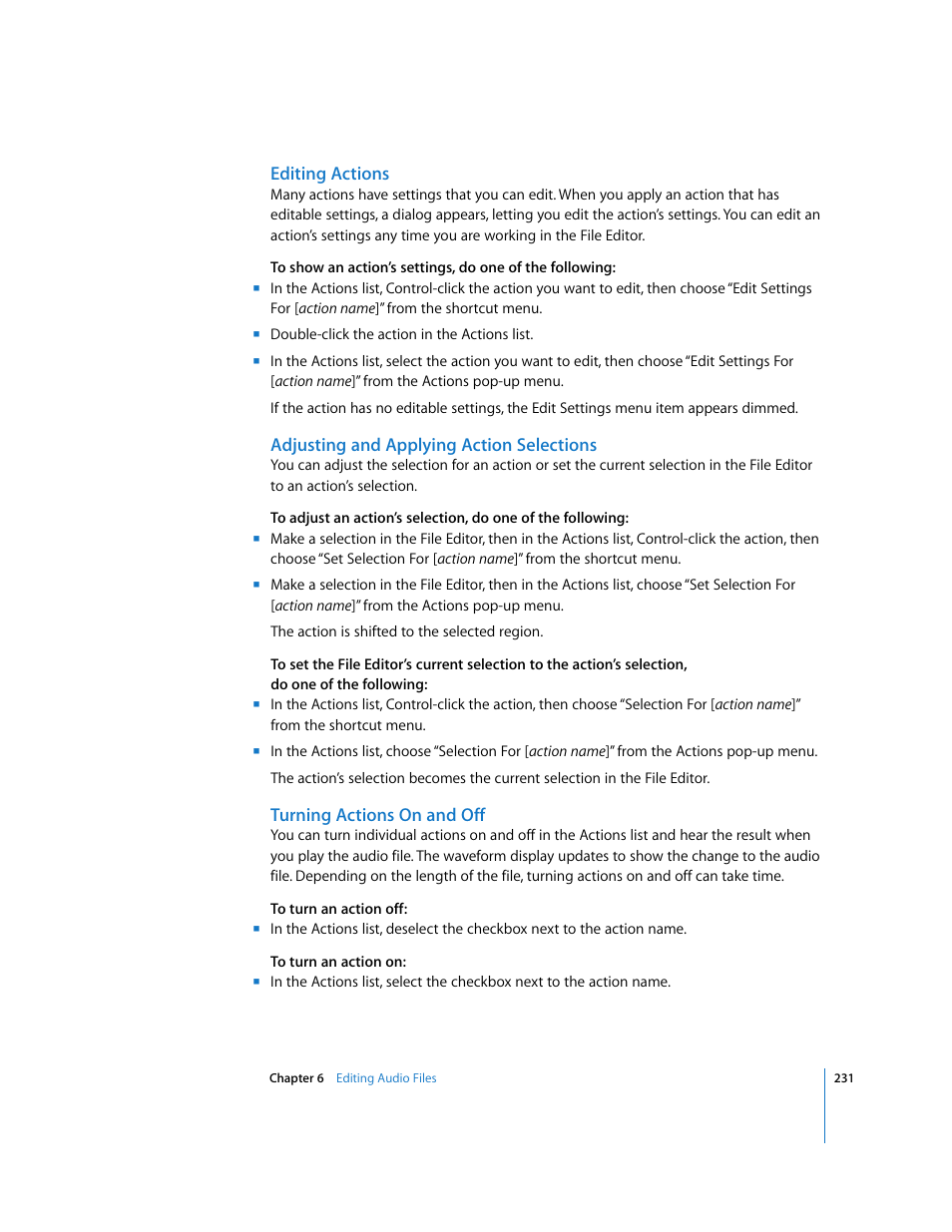 Editing actions, Adjusting and applying action selections, Turning actions on and off | Apple Soundtrack Pro 2 User Manual | Page 231 / 566