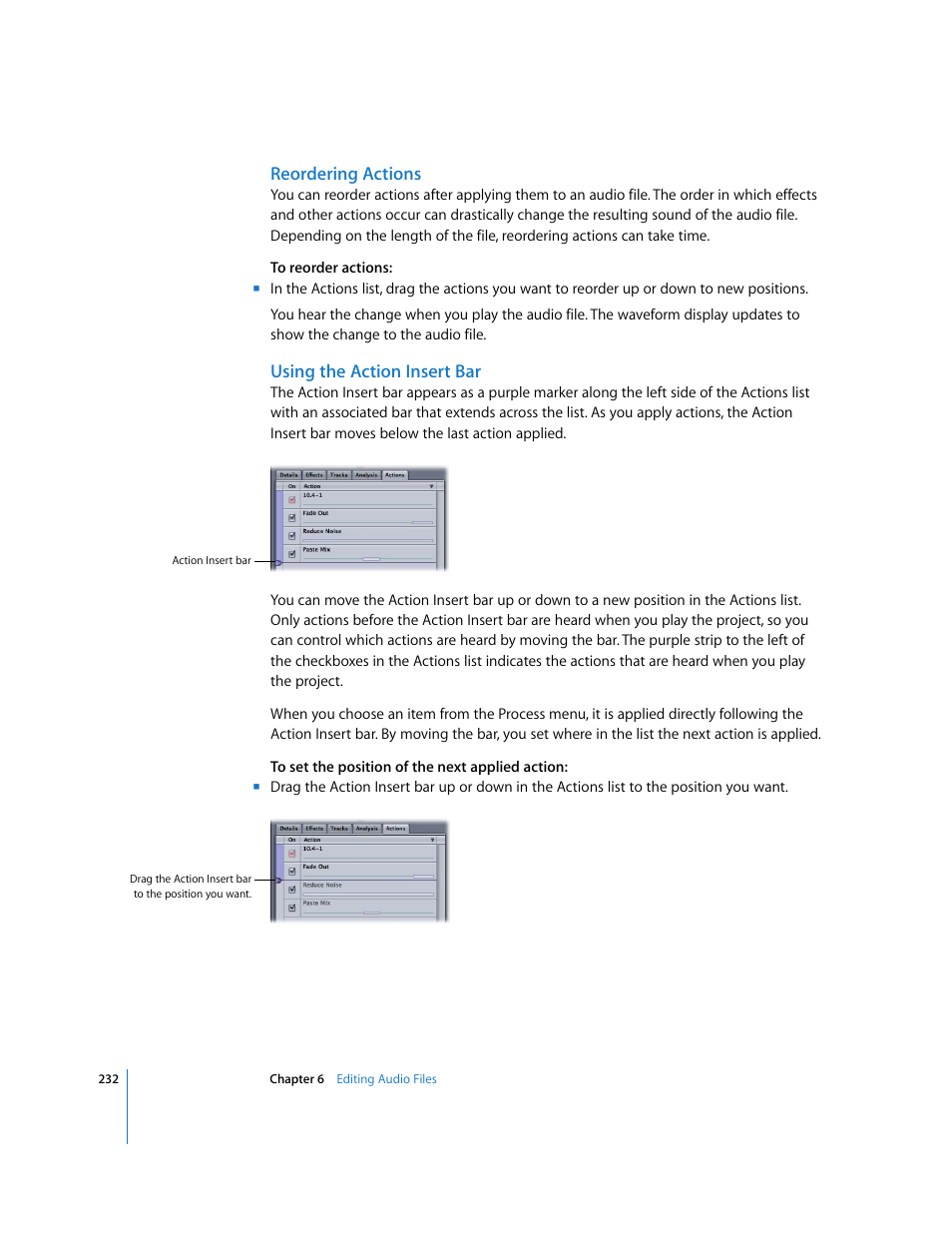 Reordering actions, Using the action insert bar | Apple Soundtrack Pro 2 User Manual | Page 232 / 566