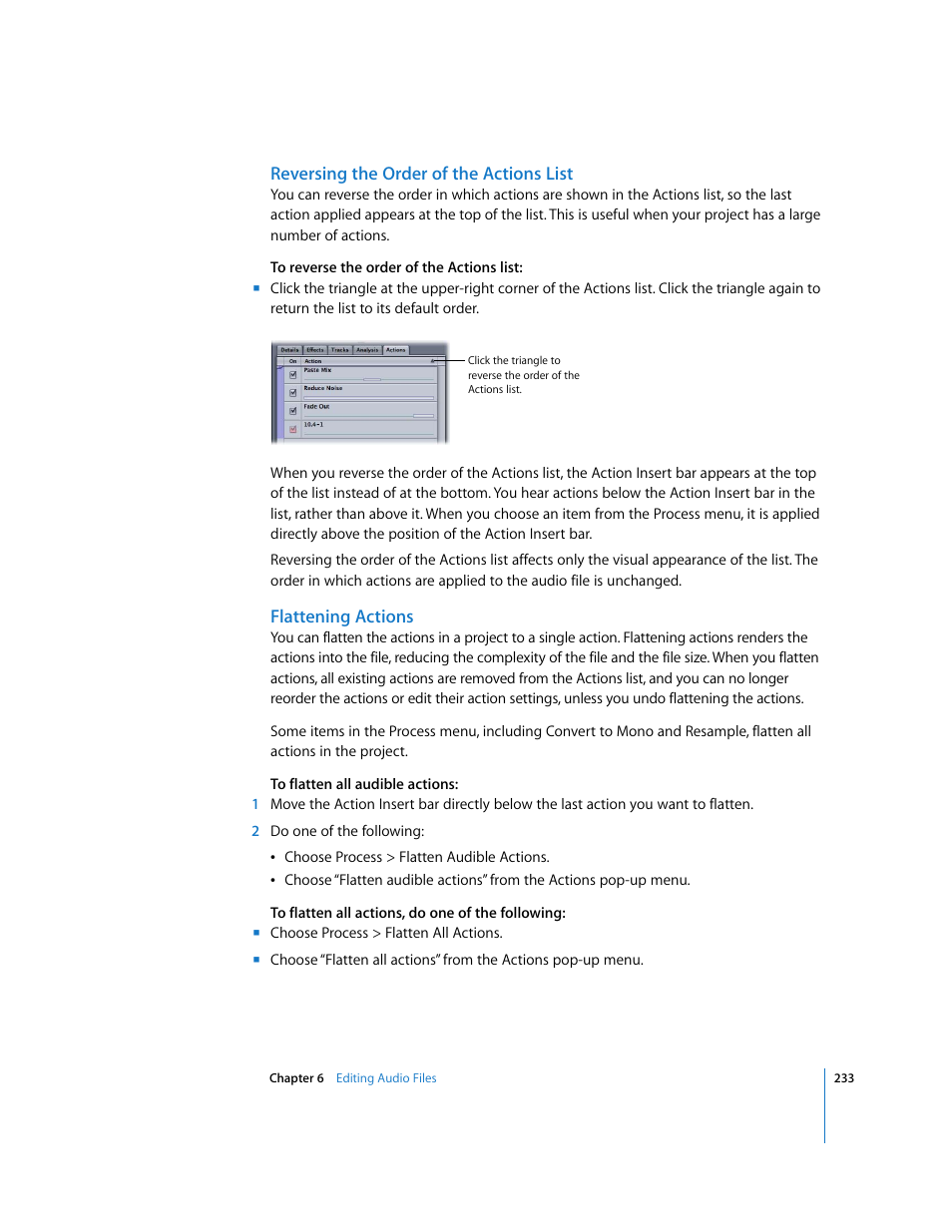 Reversing the order of the actions list, Flattening actions | Apple Soundtrack Pro 2 User Manual | Page 233 / 566