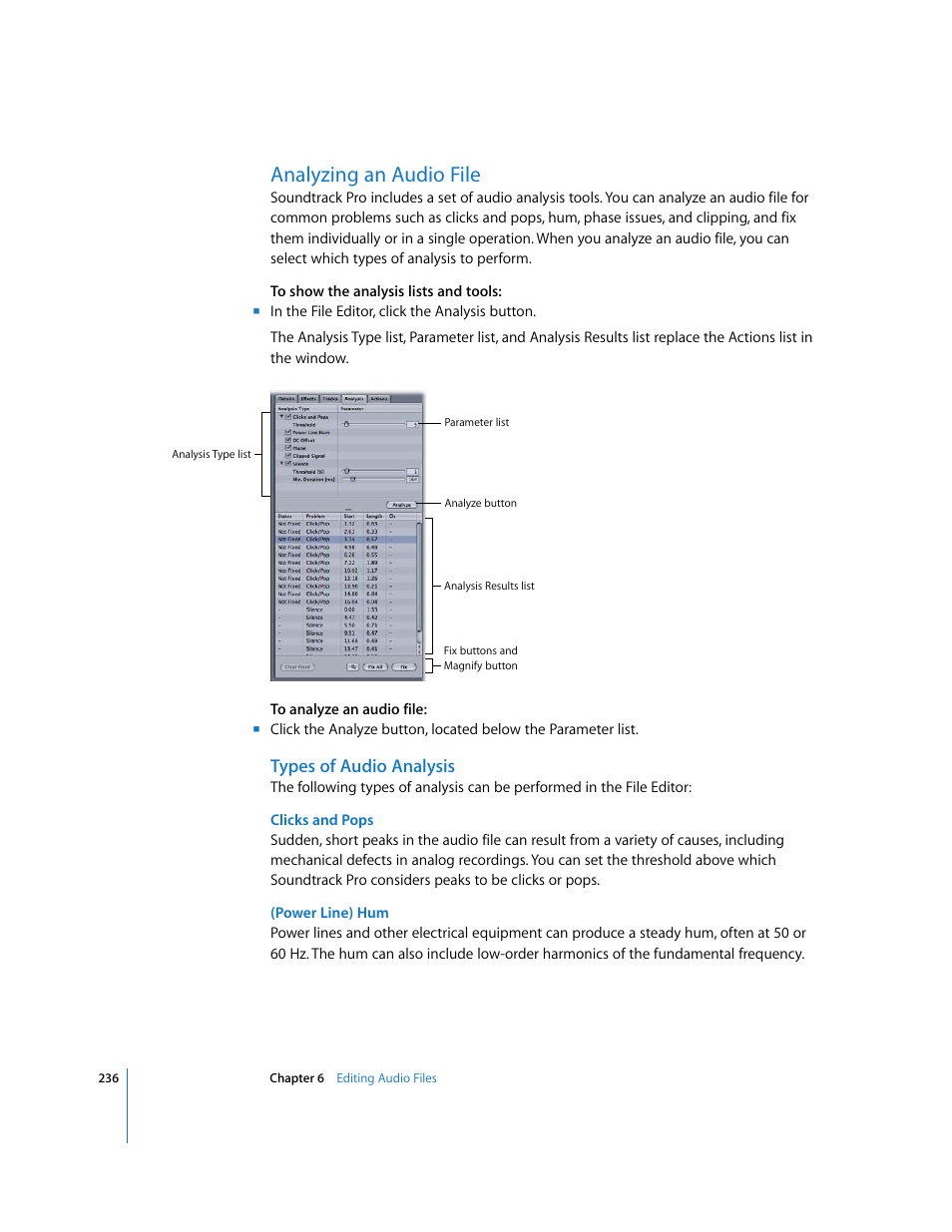 Analyzing an audio file, Types of audio analysis | Apple Soundtrack Pro 2 User Manual | Page 236 / 566