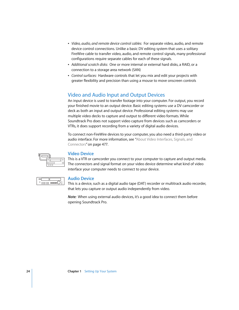 Video and audio input and output devices, Video device, Audio device | Apple Soundtrack Pro 2 User Manual | Page 24 / 566