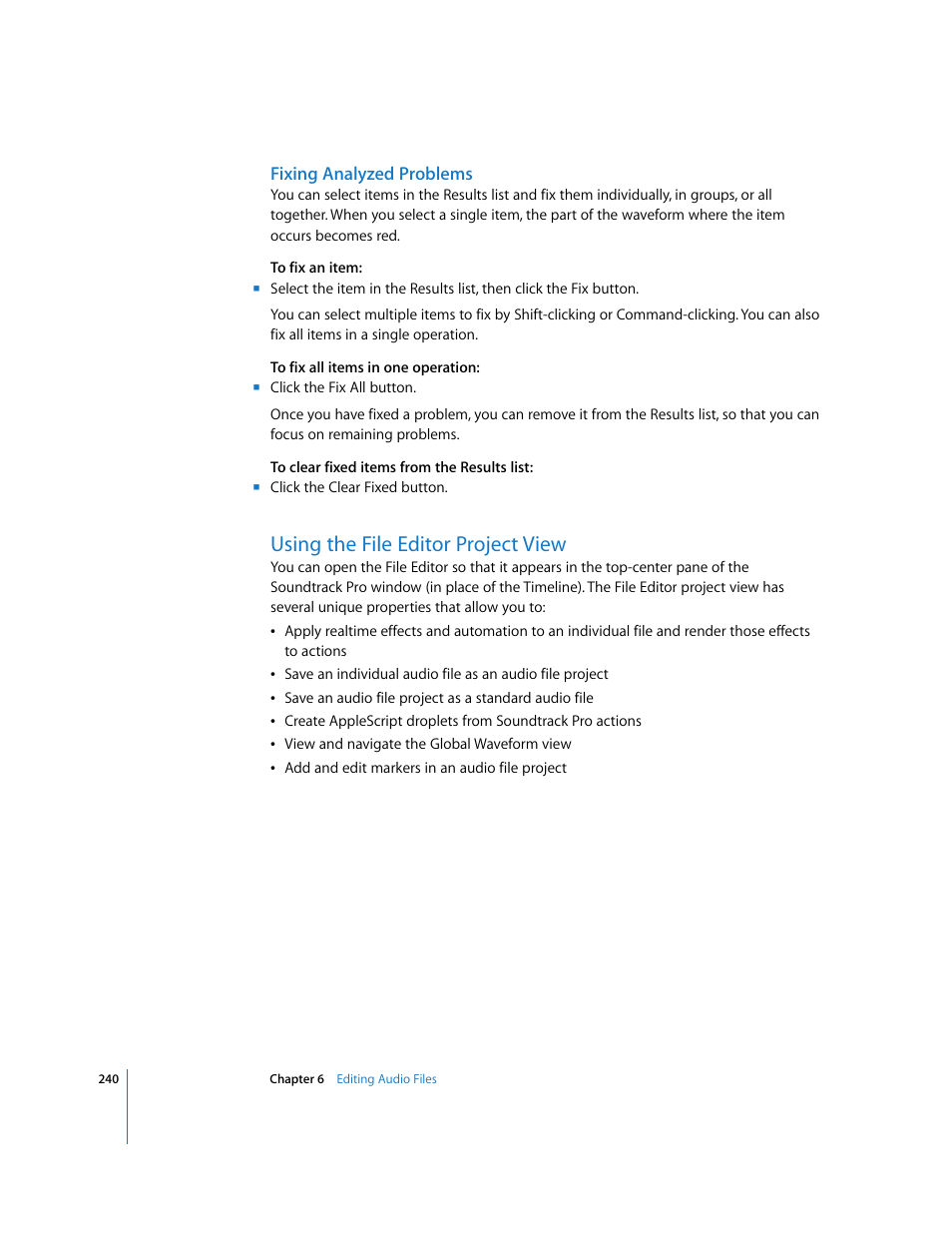 Fixing analyzed problems, Using the file editor project view, Using the file | Editor project view | Apple Soundtrack Pro 2 User Manual | Page 240 / 566