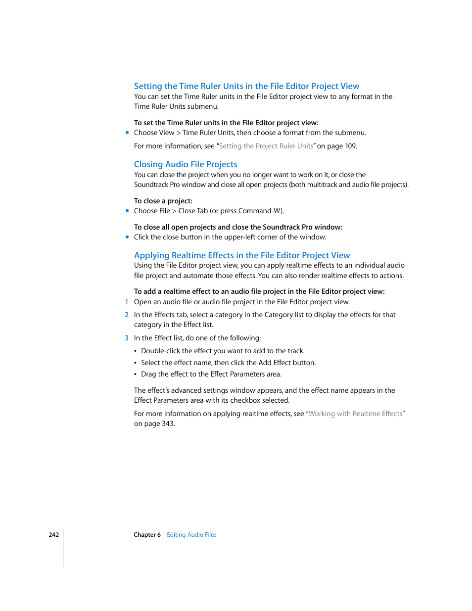 Closing audio file projects, Applying realtime, Effects in the file editor project view | Apple Soundtrack Pro 2 User Manual | Page 242 / 566