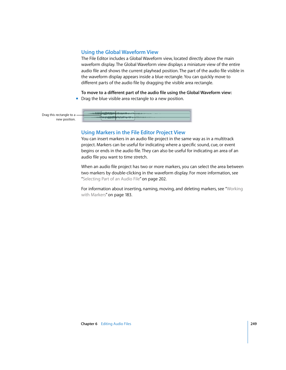 Using the global waveform view, Using markers in the file editor project view, Using | The global waveform view | Apple Soundtrack Pro 2 User Manual | Page 249 / 566