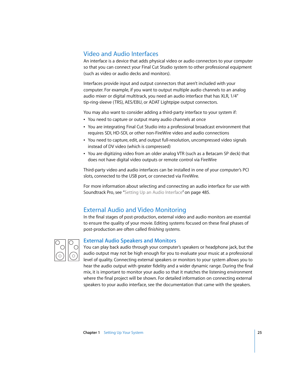 Video and audio interfaces, External audio and video monitoring, External audio speakers and monitors | Apple Soundtrack Pro 2 User Manual | Page 25 / 566