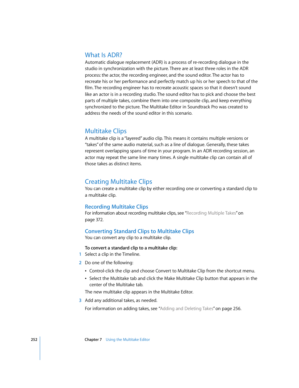 What is adr, Multitake clips, Creating multitake clips | Recording multitake clips, Converting standard clips to multitake clips | Apple Soundtrack Pro 2 User Manual | Page 252 / 566