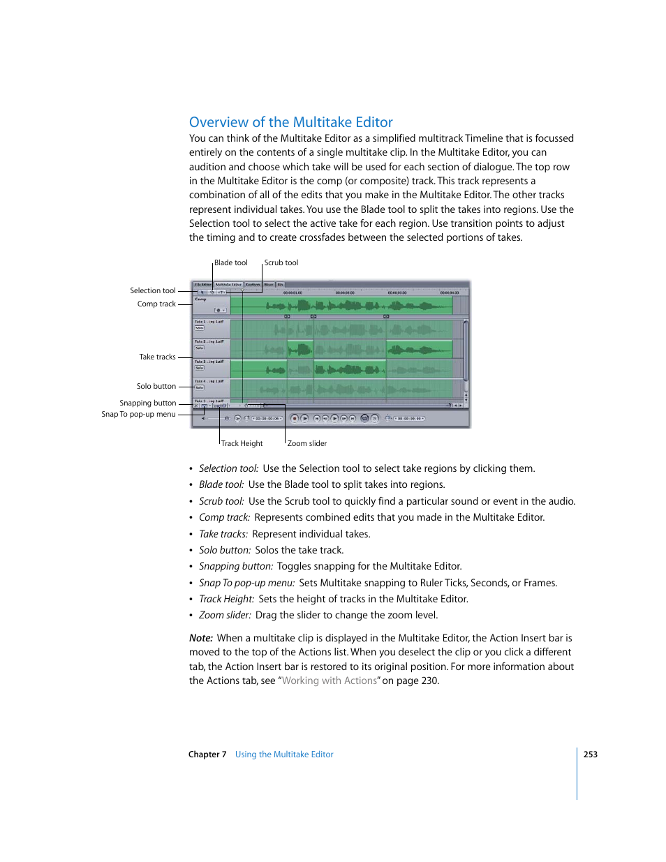 Overview of the multitake editor | Apple Soundtrack Pro 2 User Manual | Page 253 / 566