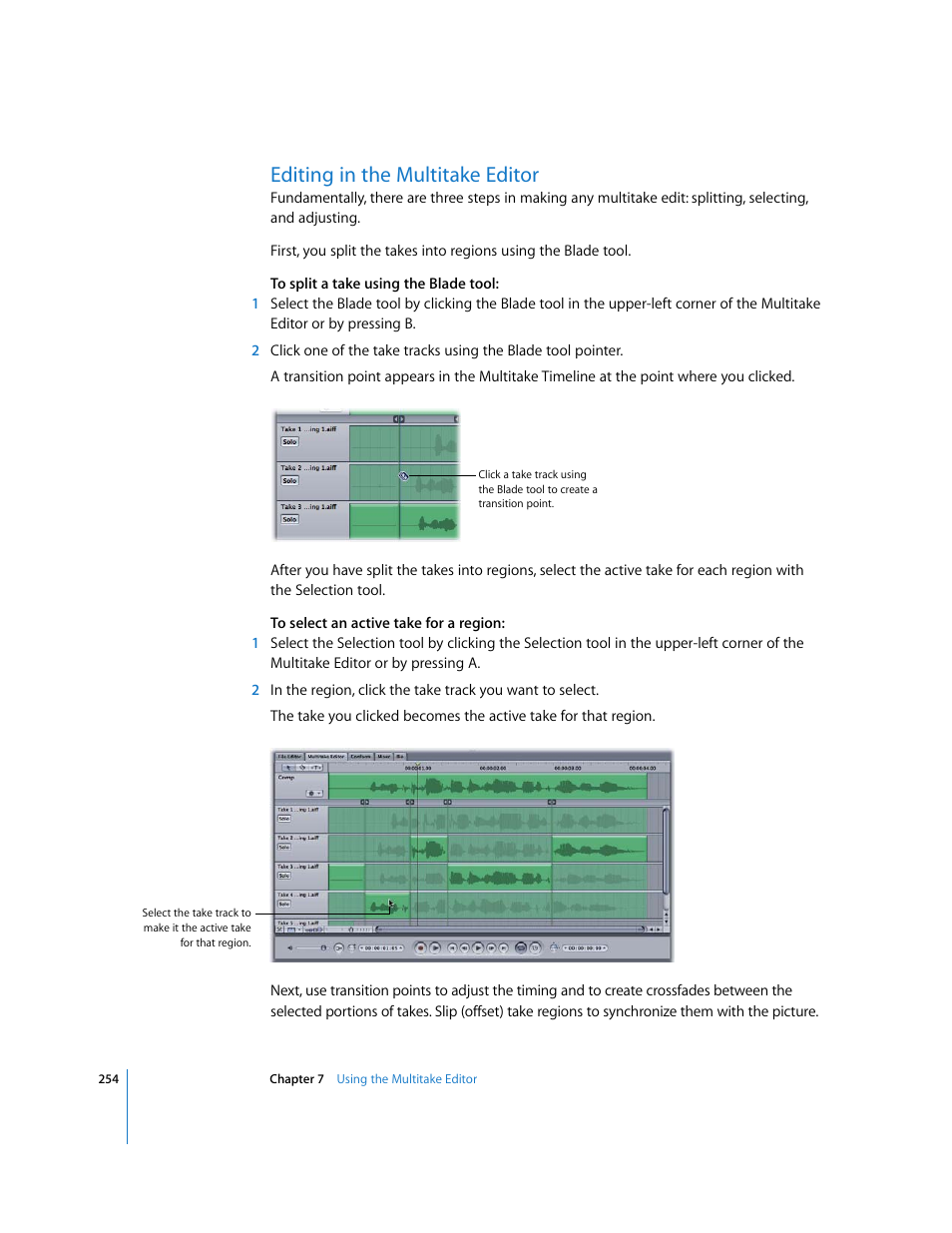 Editing in the multitake editor | Apple Soundtrack Pro 2 User Manual | Page 254 / 566