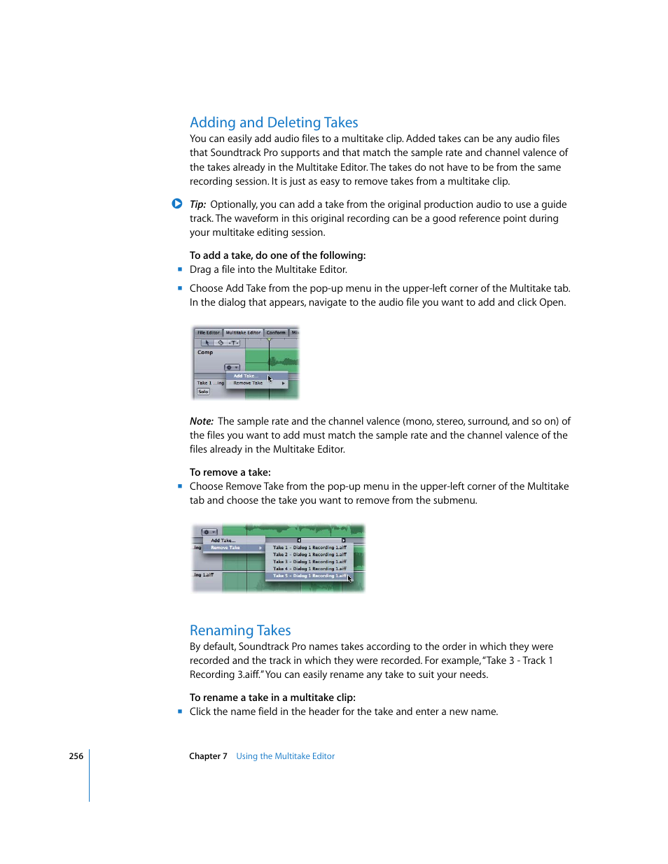 Adding and deleting takes, Renaming takes | Apple Soundtrack Pro 2 User Manual | Page 256 / 566