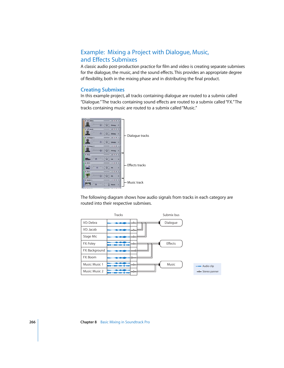 Creating submixes, Example: mixing a project with dialogue, music, And effects submixes | Scribed in, Example: mixing a project with, Dialogue, music, and effects submixes | Apple Soundtrack Pro 2 User Manual | Page 266 / 566