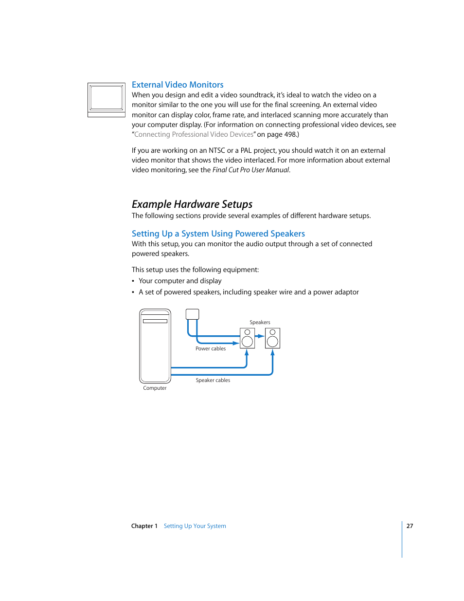 External video monitors, Example hardware setups, Setting up a system using powered speakers | Apple Soundtrack Pro 2 User Manual | Page 27 / 566