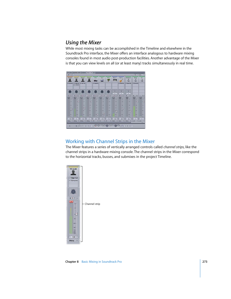 Using the mixer, Working with channel strips in the mixer, Working with channel strips in the | Mixer | Apple Soundtrack Pro 2 User Manual | Page 273 / 566