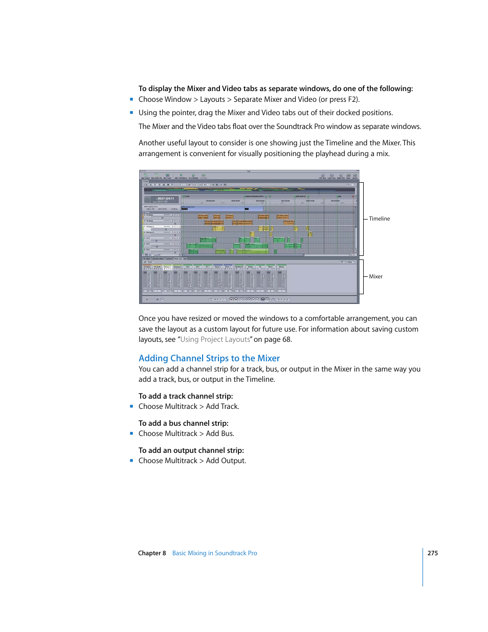 Adding channel strips to the mixer | Apple Soundtrack Pro 2 User Manual | Page 275 / 566