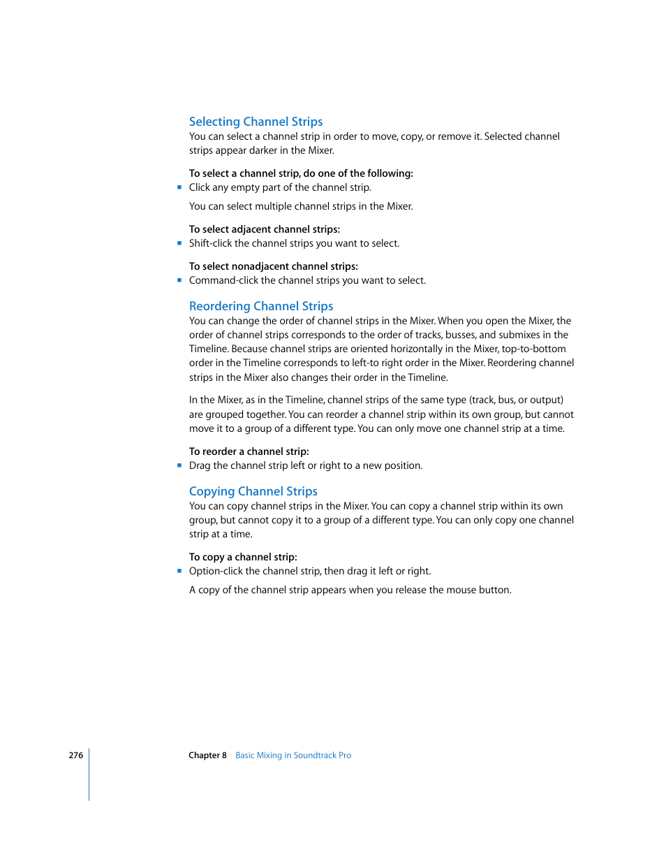 Selecting channel strips, Reordering channel strips, Copying channel strips | Apple Soundtrack Pro 2 User Manual | Page 276 / 566