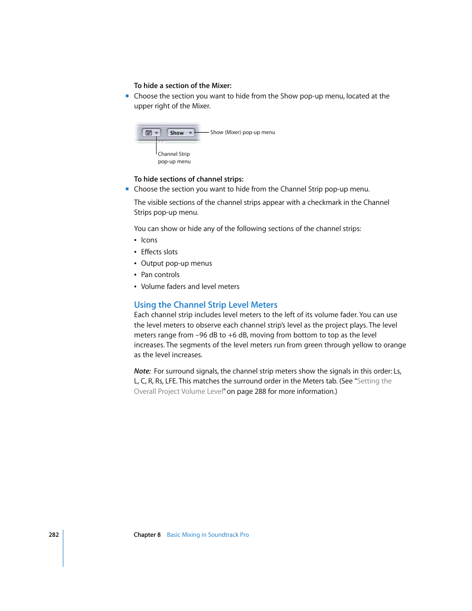 Using the channel strip level meters | Apple Soundtrack Pro 2 User Manual | Page 282 / 566