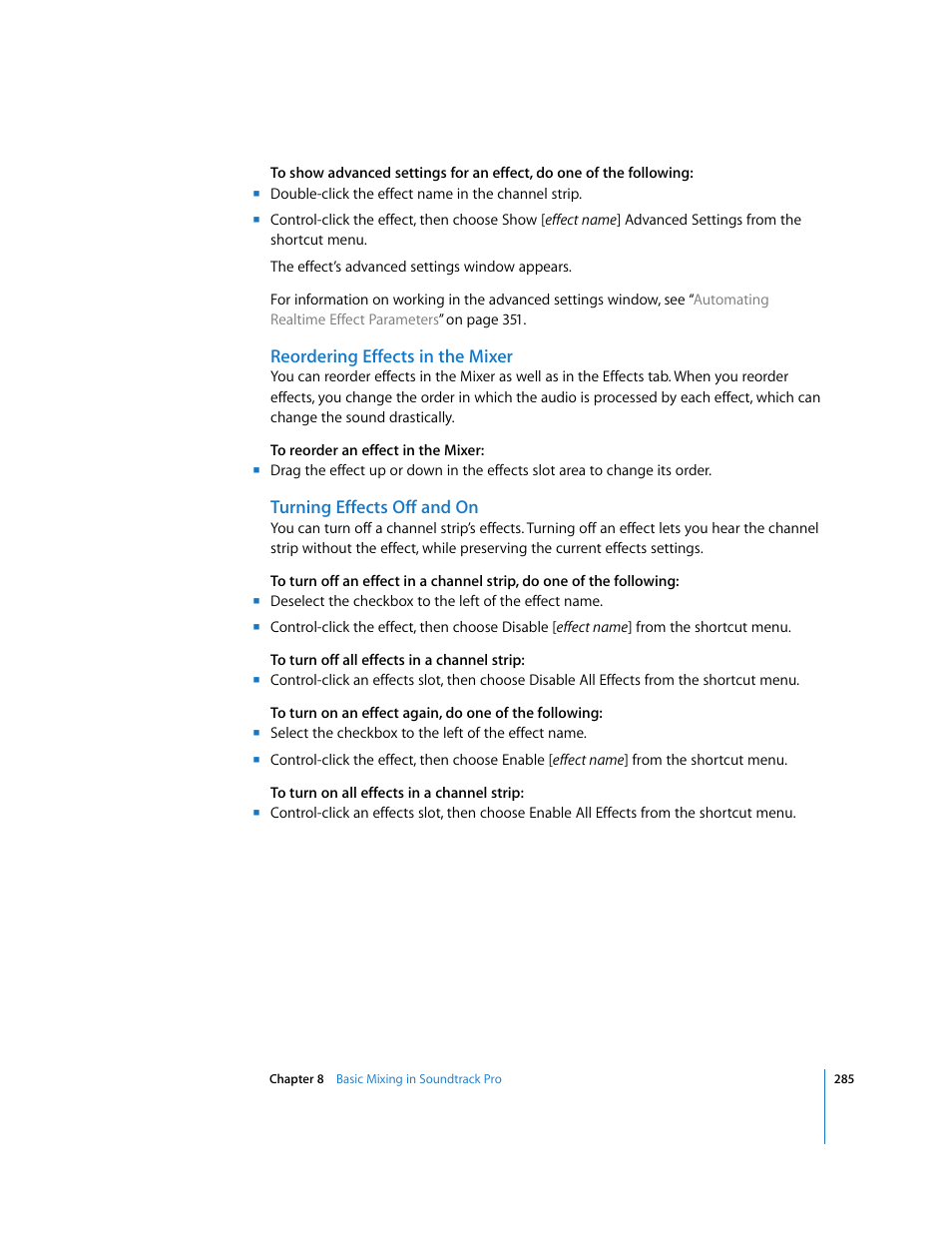 Reordering effects in the mixer, Turning effects off and on | Apple Soundtrack Pro 2 User Manual | Page 285 / 566