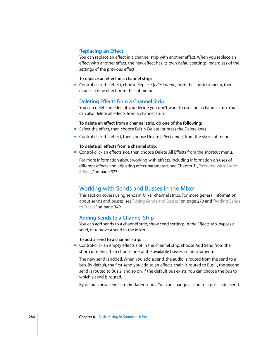 Replacing an effect, Deleting effects from a channel strip, Working with sends and busses in the mixer | Adding sends to a channel strip, Working with, Sends and busses in the mixer | Apple Soundtrack Pro 2 User Manual | Page 286 / 566