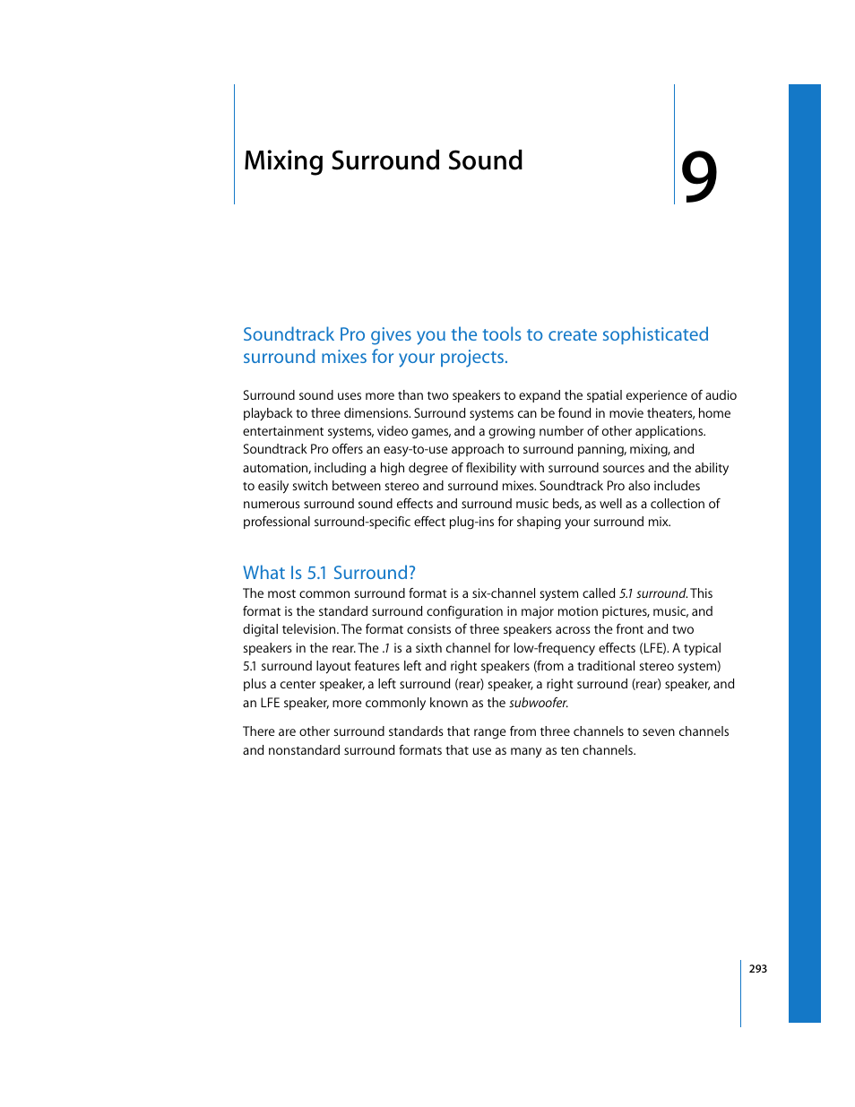 Mixing surround sound, What is 5.1 surround, Chapter 9 | Apple Soundtrack Pro 2 User Manual | Page 293 / 566